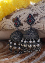 Load image into Gallery viewer, Shwetambara Oxidised Pearl Jhumkas
