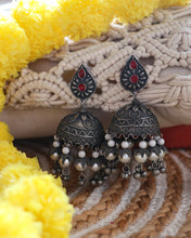 Load image into Gallery viewer, Shwetambara Oxidised Pearl Jhumkas
