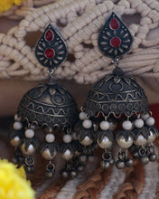 Load image into Gallery viewer, Shwetambara Oxidised Pearl Jhumkas
